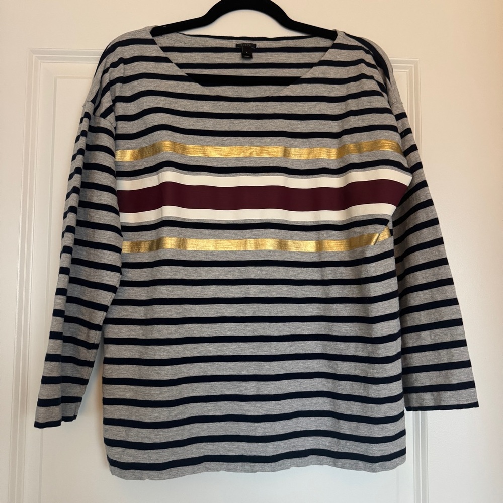 J. CREW Women’s 3/4 Sleeve Striped Shirt Heather Gray Navy Gold Metallic Size L
